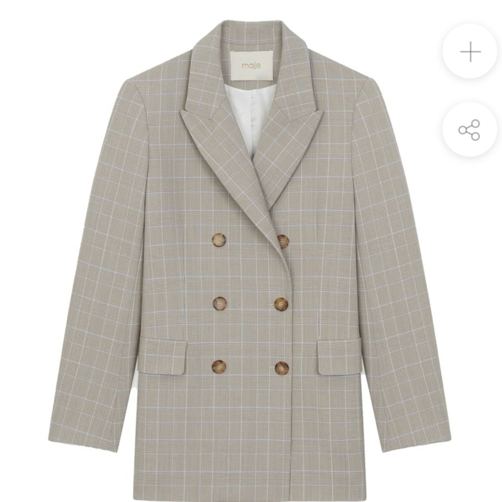 Maje Beige Checkered Double-Breasted Blazer